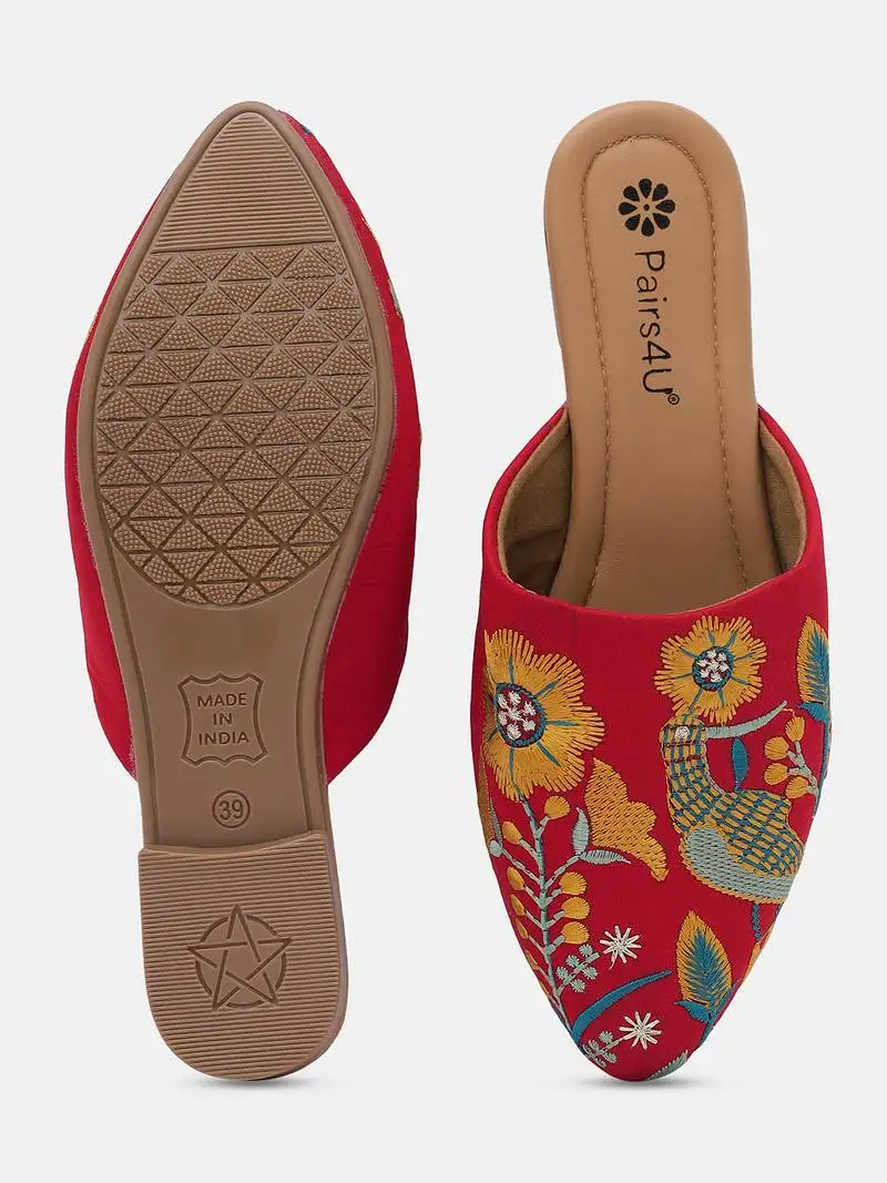Pairs4u women's embroidered red canvas juttis ethnic slip-on flats with pvc sole