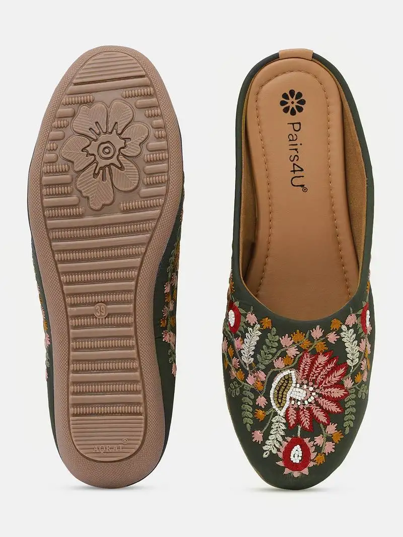 Pairs4u women's dark green mojari jutti embroidered canvas flats with comfortable pvc sole for ethnic wear