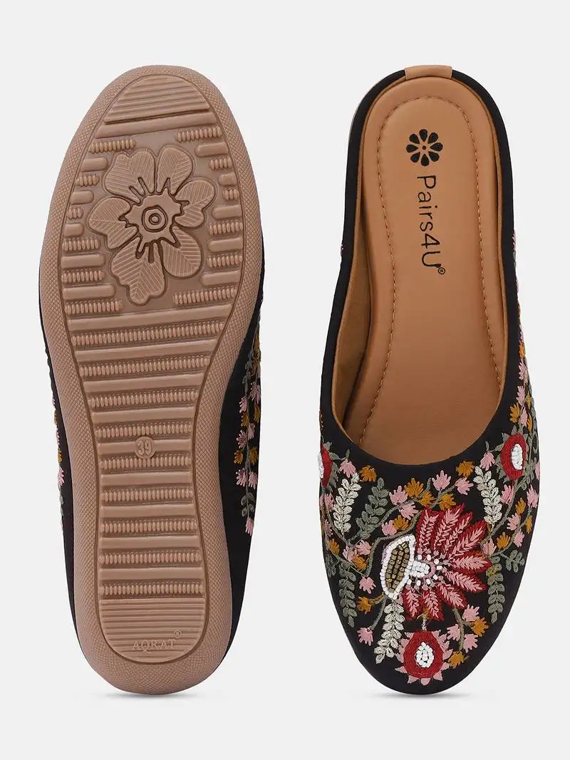 Pairs4u women's black mojari jutti ethnic embroidered canvas slip-on flats with comfortable pvc sole