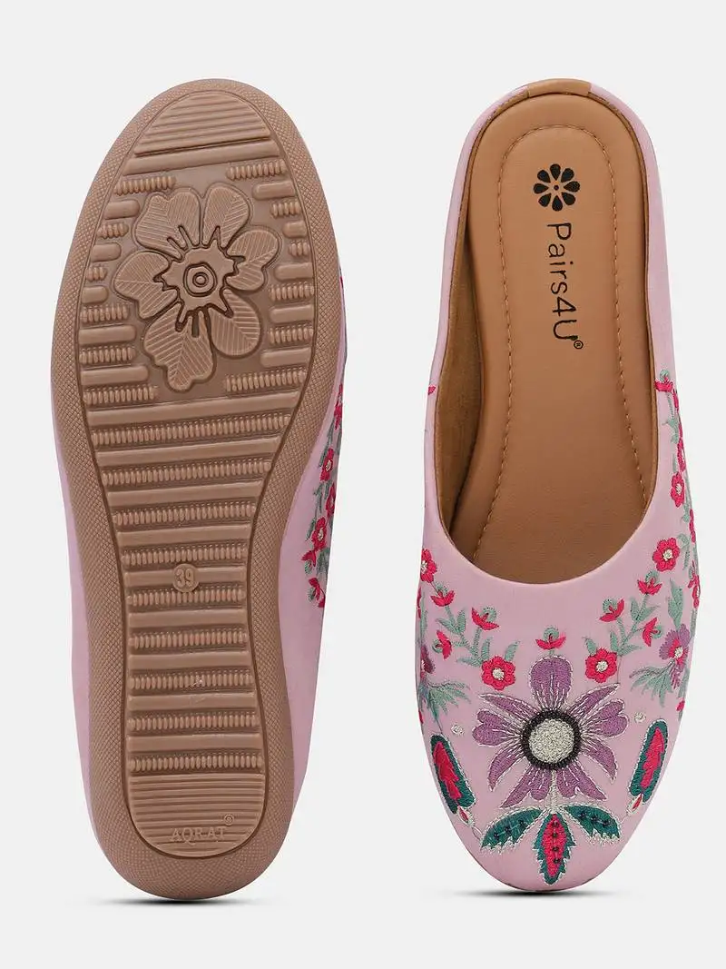 Pairs4u women's light pink embroidered canvas mojari jutti - ethnic traditional flats with comfortable pvc sole