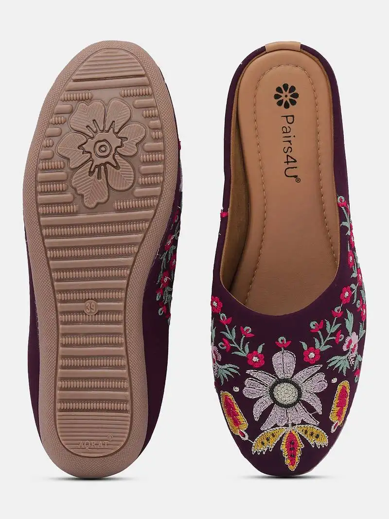 Pairs4u women's wine embroidered canvas juttis - ethnic slip-on flats with stylised toe and comfortable pvc sole