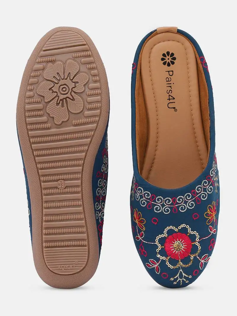 Pairs4u women's ethnic embroidered canvas jutti - comfortable slip-on punjabi flats with pvc sole for women & girls
