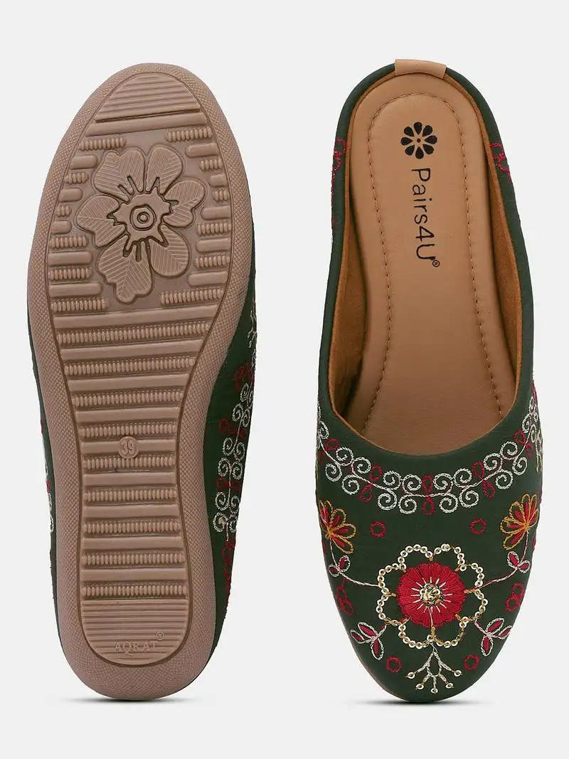 Pairs4u women's dark green embroidered canvas punjabi juttis slip-on ethnic flats