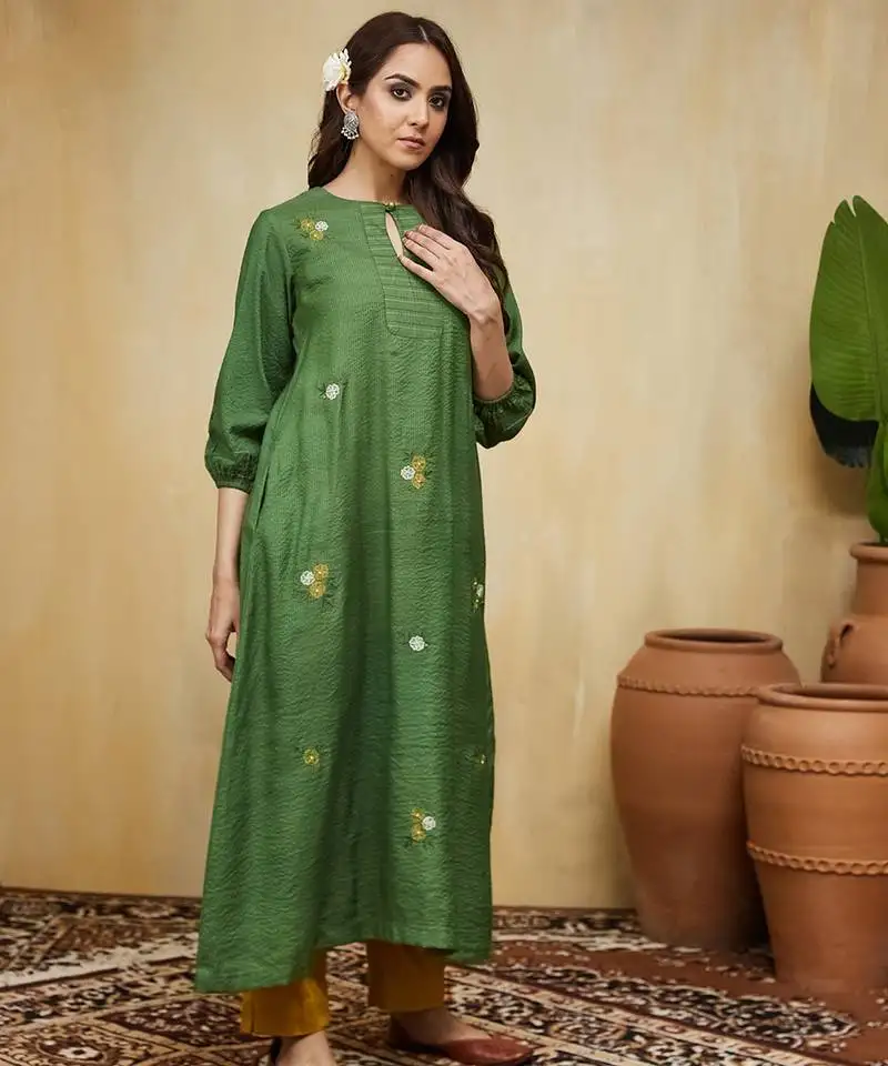 Green floral embroidered cotton kurti
