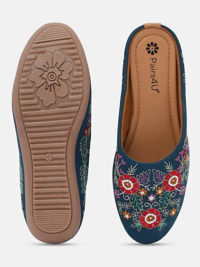 Pairs4u women's embroidered ethnic punjabi juttis canvas slip-on flats with stylised toe and comfortable pvc sole