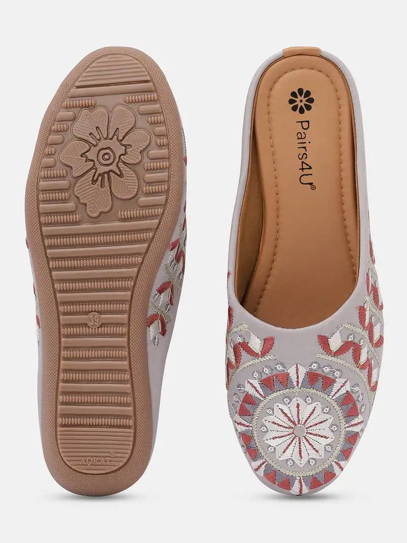 Pairs4u women's grey embroidered canvas jutti - stylish ethnic slip-on flats with comfortable pvc sole for women
