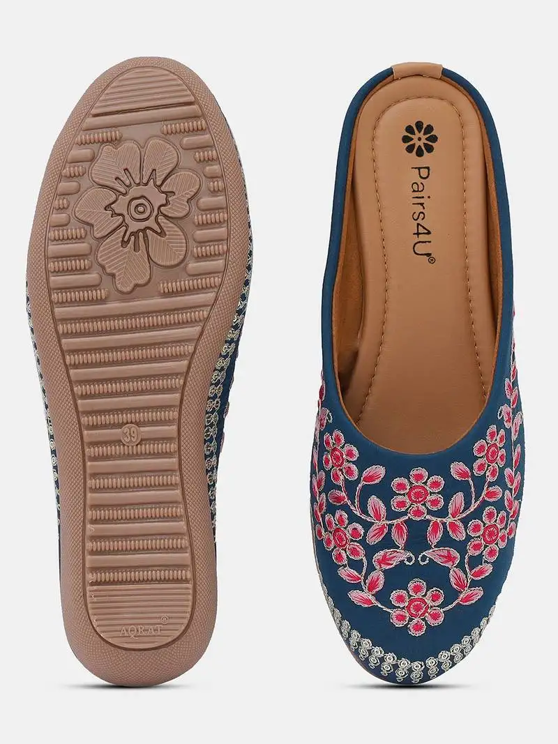Pairs4u women's ethnic jutti in rama - embroidered canvas slip-on flats with stylised toe & comfortable pvc sole