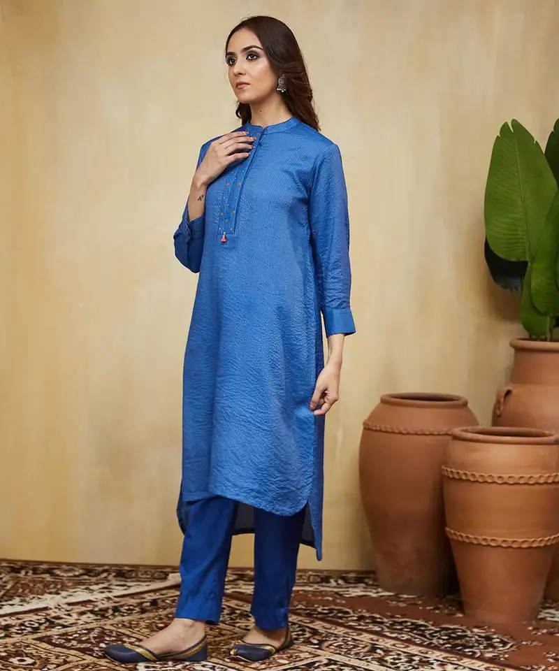 Blue plain cotton stripe kurti
