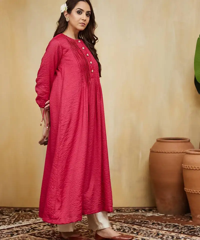 Pink plain cotton stripe kurti with tassels