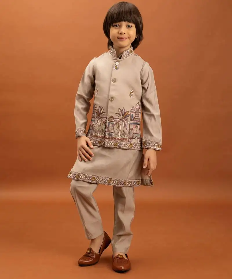 Beige viscose silk multi thread with sequence embroidered work kurta-jacket & pajama for kids