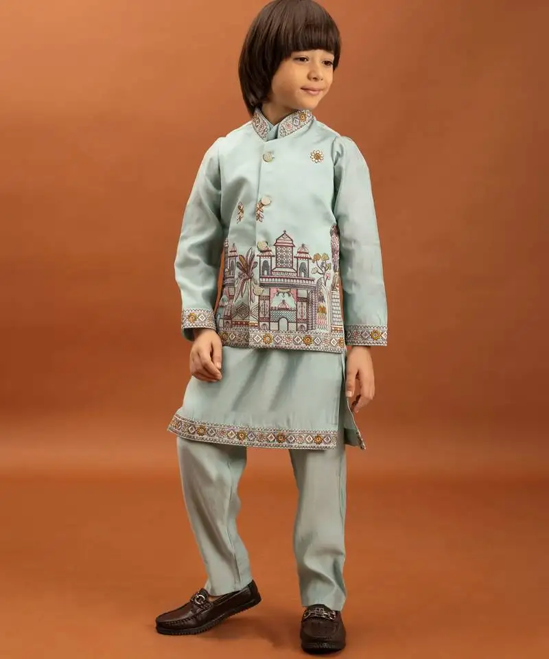 Sky blue viscose silk multi thread with sequence embroidered work kurta-jacket & pajama for kids
