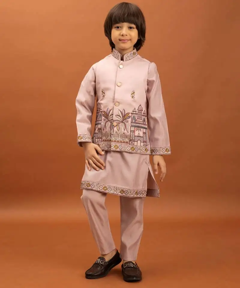 Pink viscose silk multi thread with sequence embroidered work kurta-jacket & pajama for kids