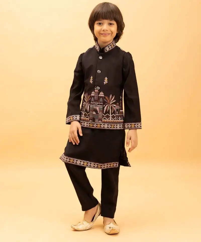 Black viscose silk multi thread with sequence embroidered work kurta-jacket & pajama for kids