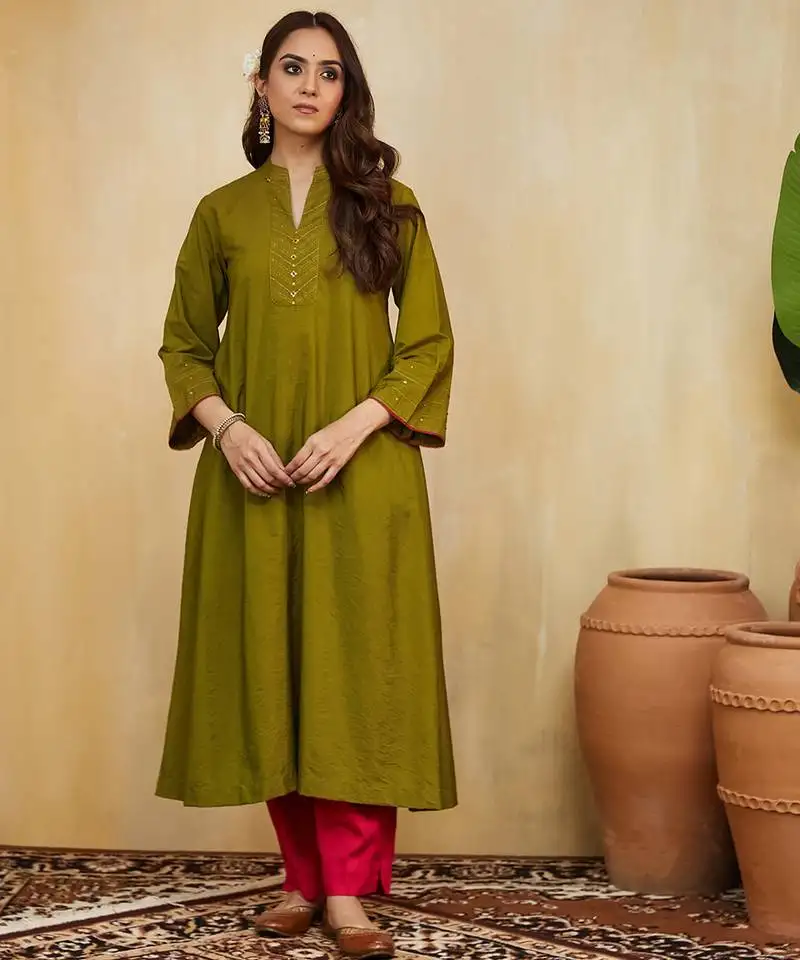 Olive green plain cotton silk kurti