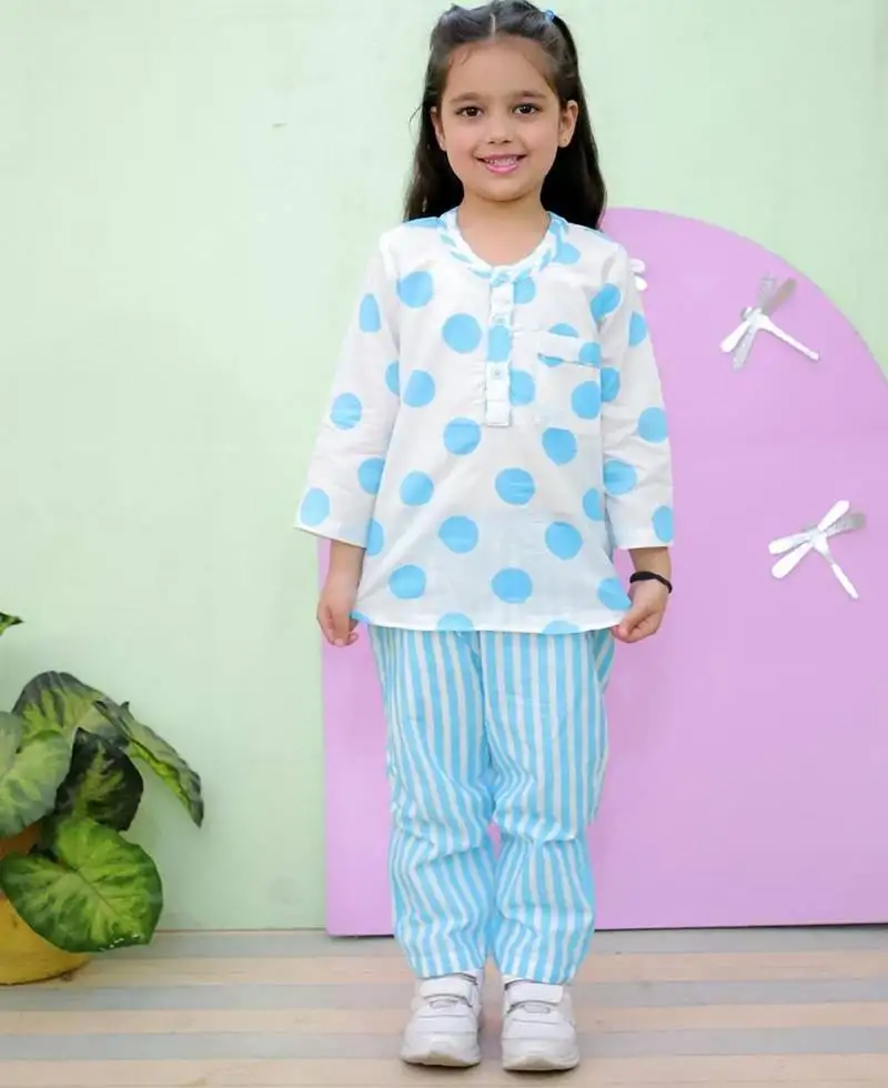 Blue cotton printed night suit for girls