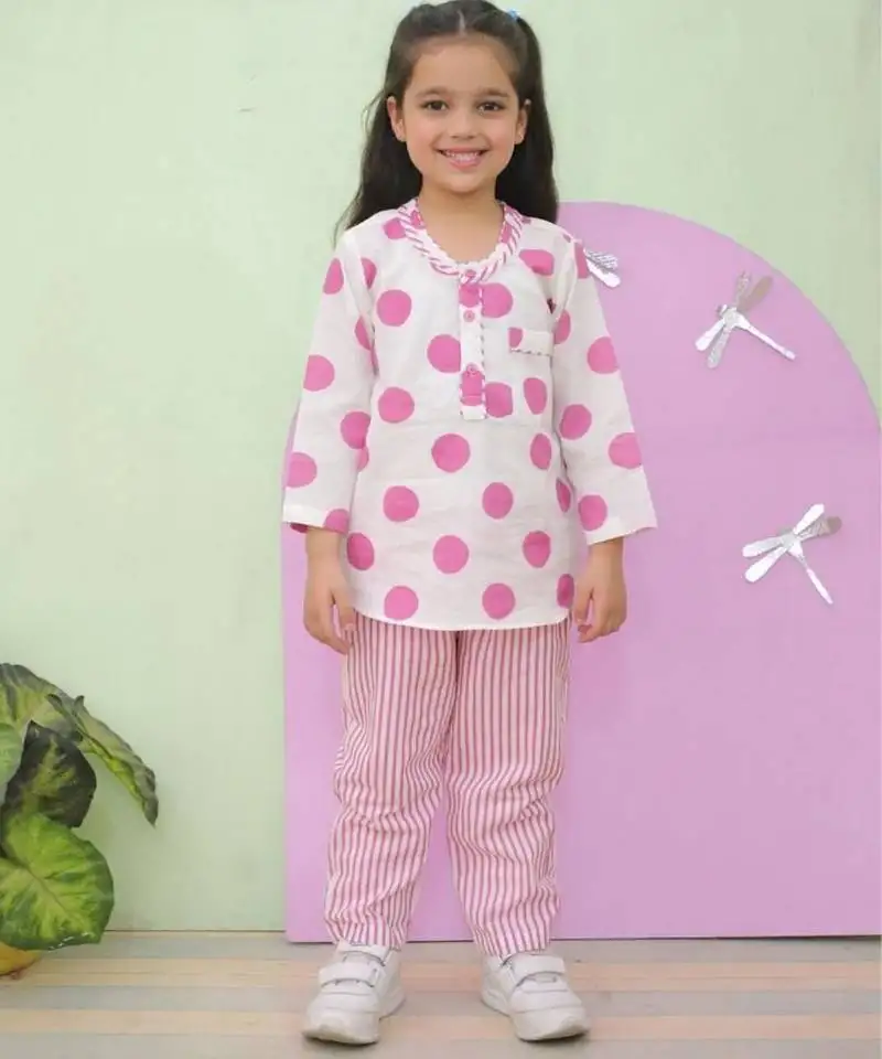 Pink cotton polka dot night suit for girls