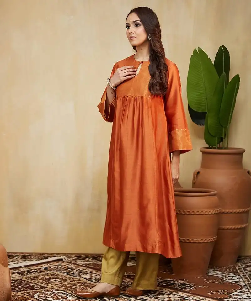 Orange plain chanderi kurti