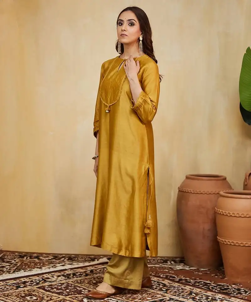 Mustard plain chanderi kurti with lace detail