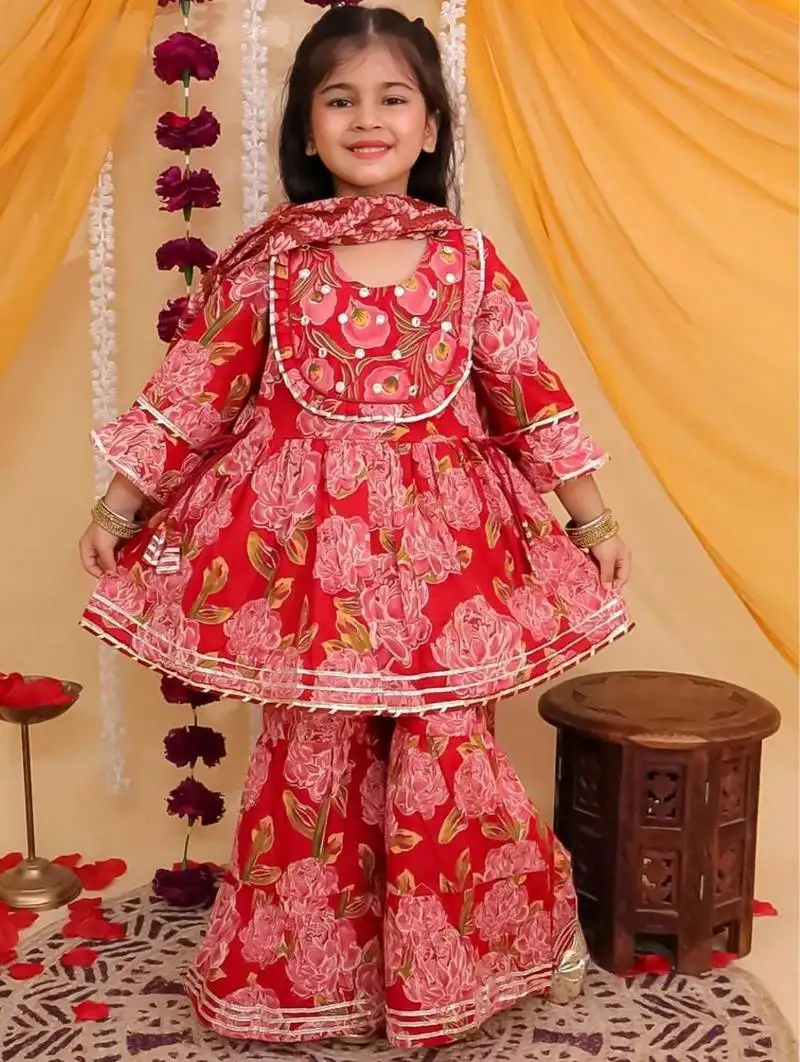 Red cotton printed kurta sharara for girls