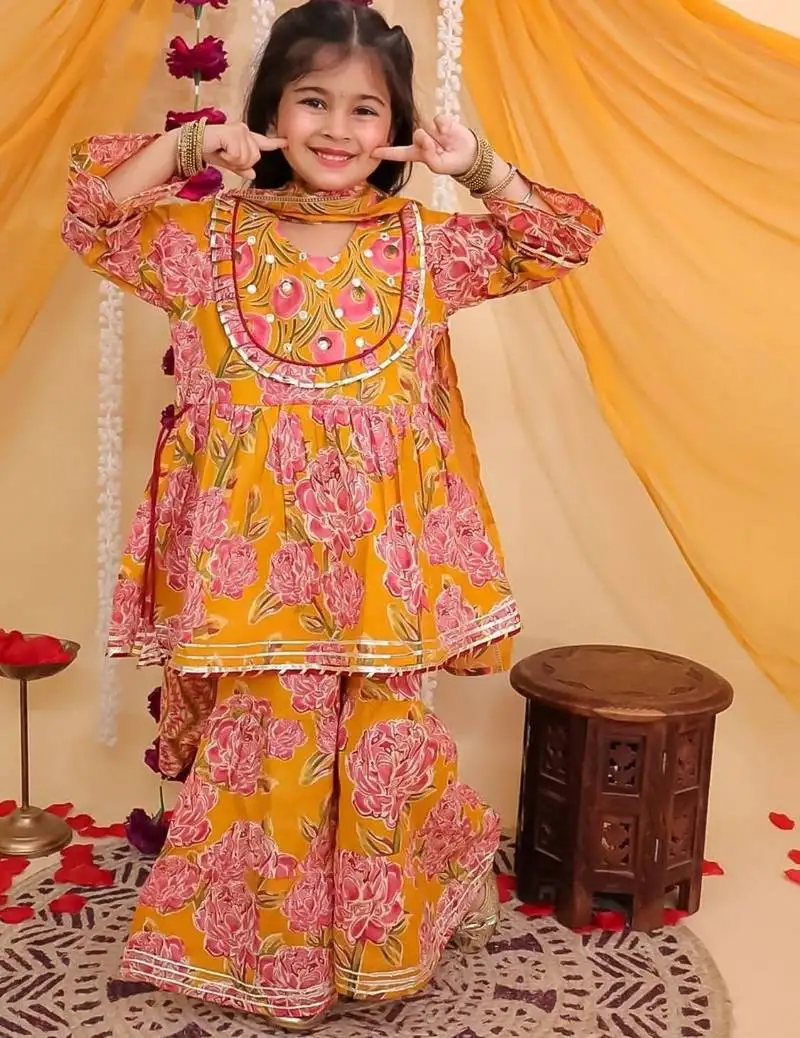 Yellow cotton printed kurta sharara for girls