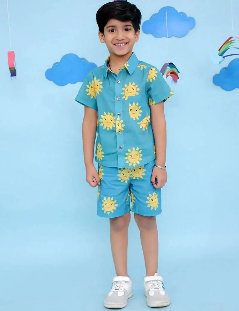 Blue cotton printed coordset for boys