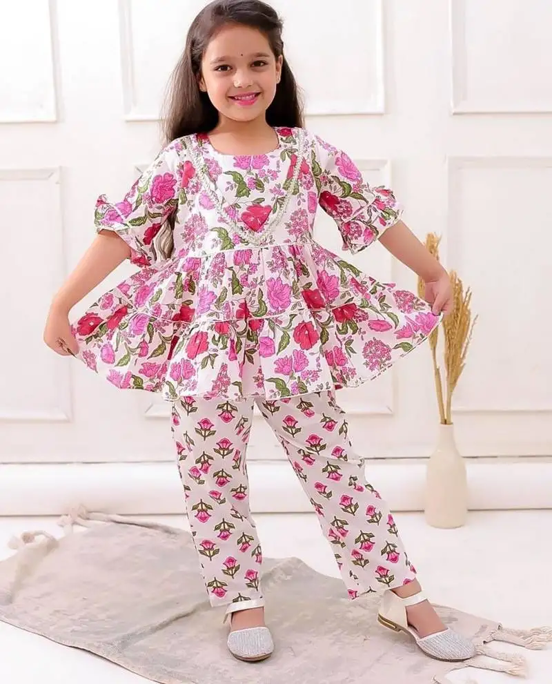White cotton printed festive wear-kurta pajama for girls