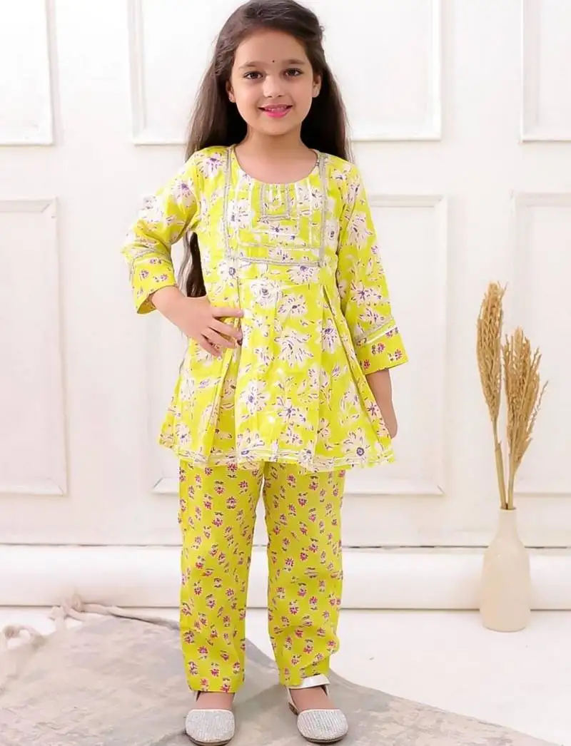 Yellow cotton printed festive wear-kurta pajama for girls