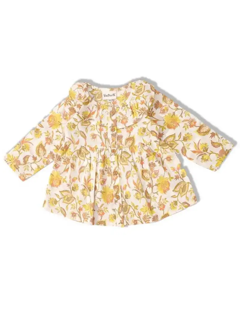 Yellow cotton printed frocks for girls