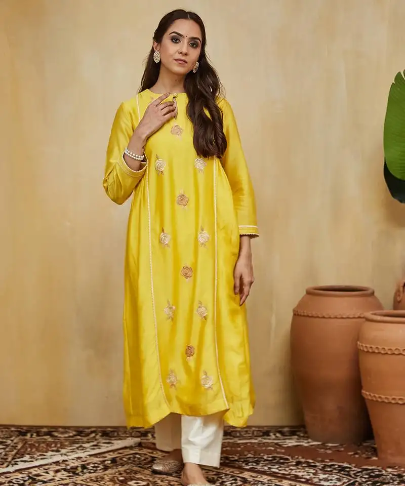 Pastel yellow floral embroidered chanderi kurti