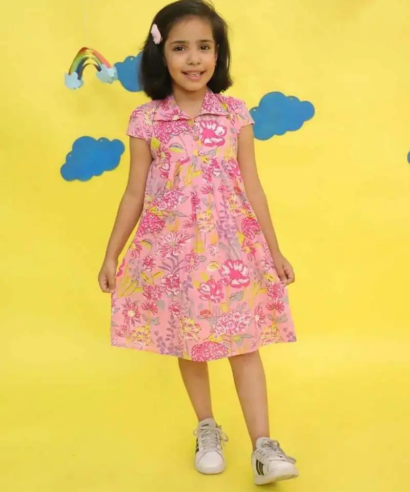 Pink cotton printed frocks for girls