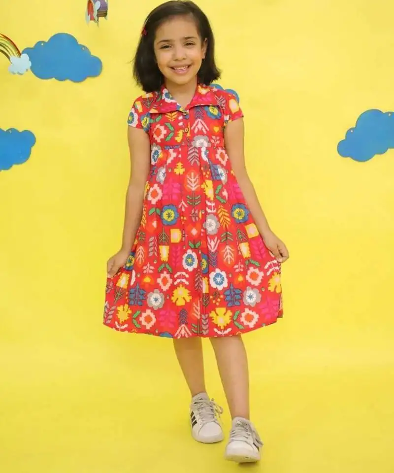 Red cotton printed frocks for girls