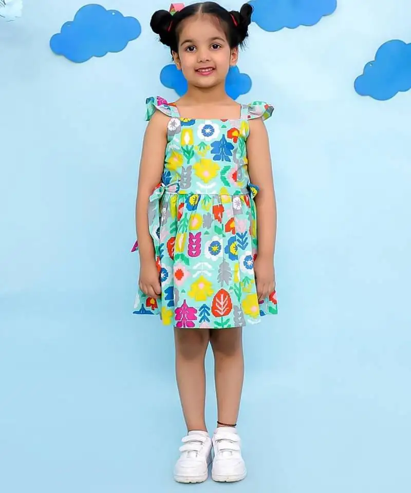 Green cotton printed frocks for girls