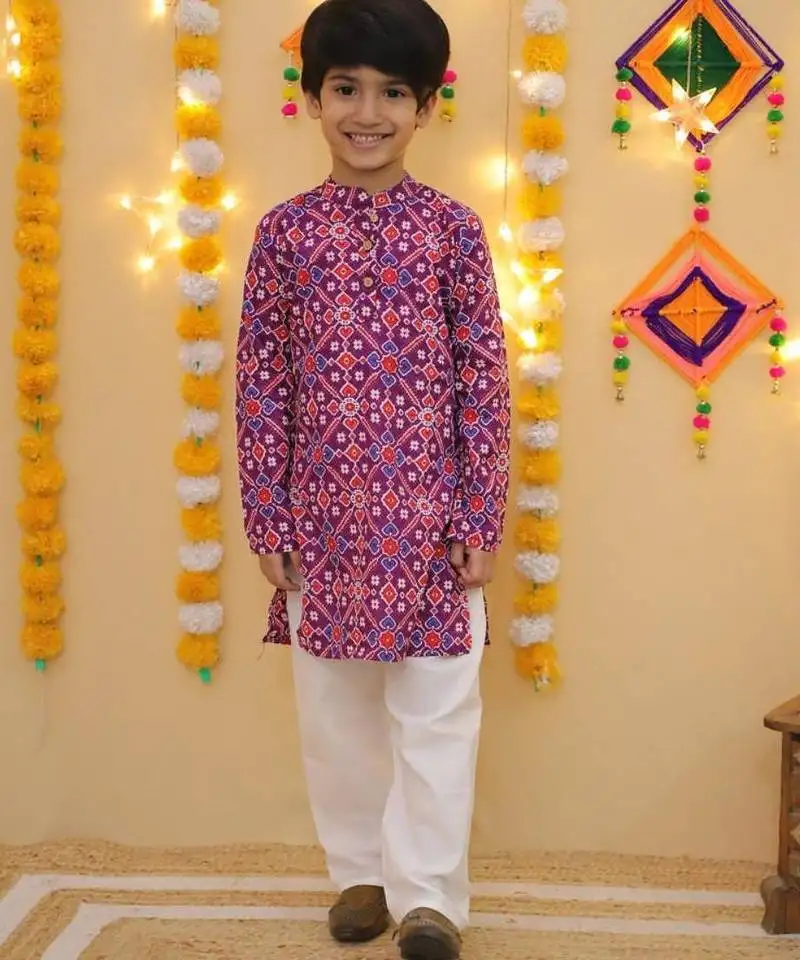 Purple cotton polka dot kurta pajama for boys