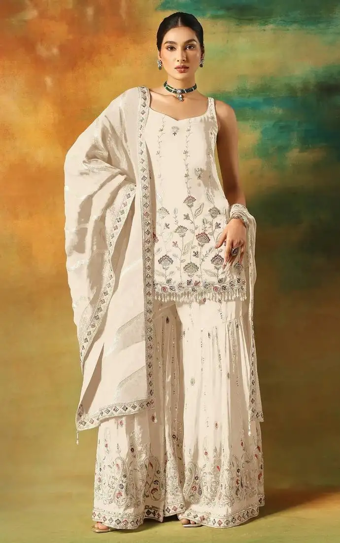 White embroidered georgette semi-stitched palazzo style salwar suit semi stitched