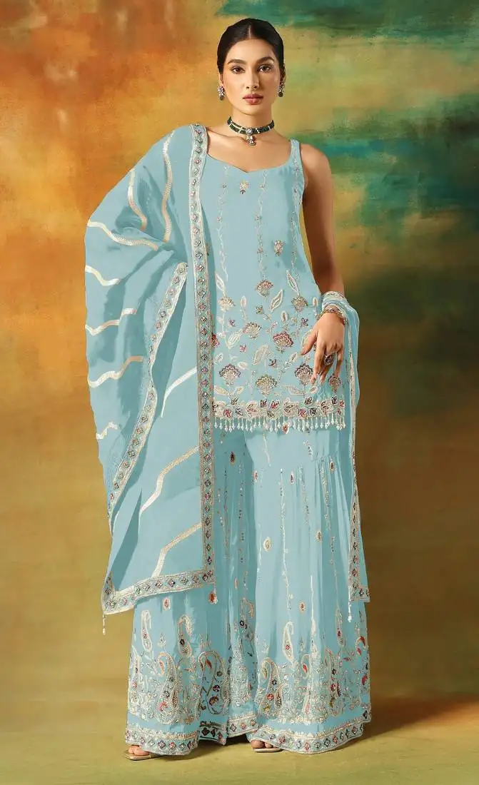 Sky embroidered georgette semi-stitched palazzo style salwar suit semi stitched
