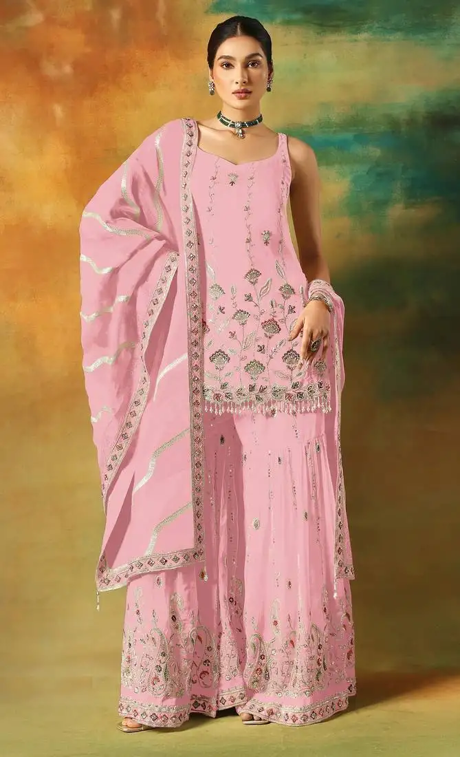 Baby pink embroidered georgette semi-stitched palazzo style salwar suit semi stitched