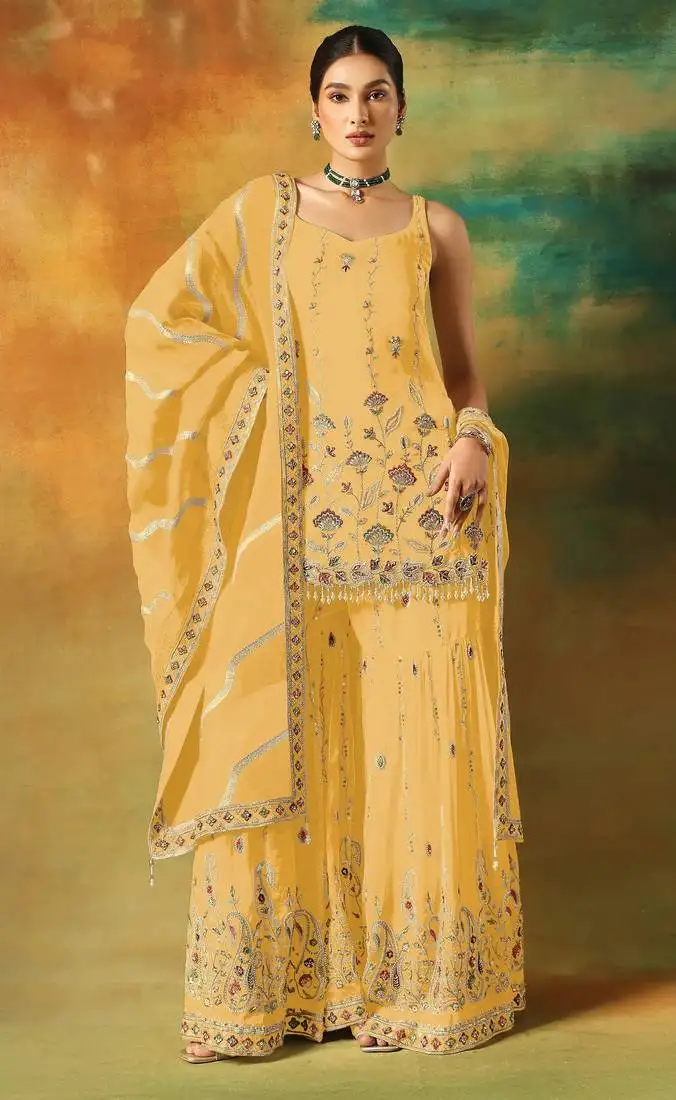 Yellow embroidered georgette semi-stitched palazzo style salwar suit semi stitched