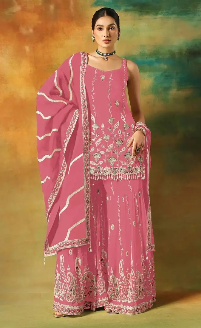 Pink embroidered georgette semi-stitched palazzo style salwar suit semi stitched