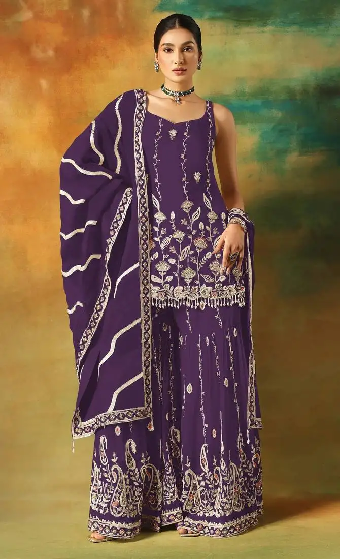 Purple embroidered georgette semi-stitched palazzo style salwar suit semi stitched