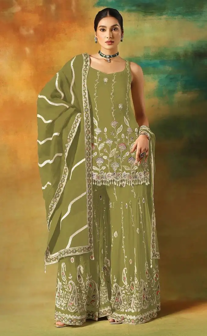 Mehendi green embroidered georgette semi-stitched palazzo style salwar suit semi stitched