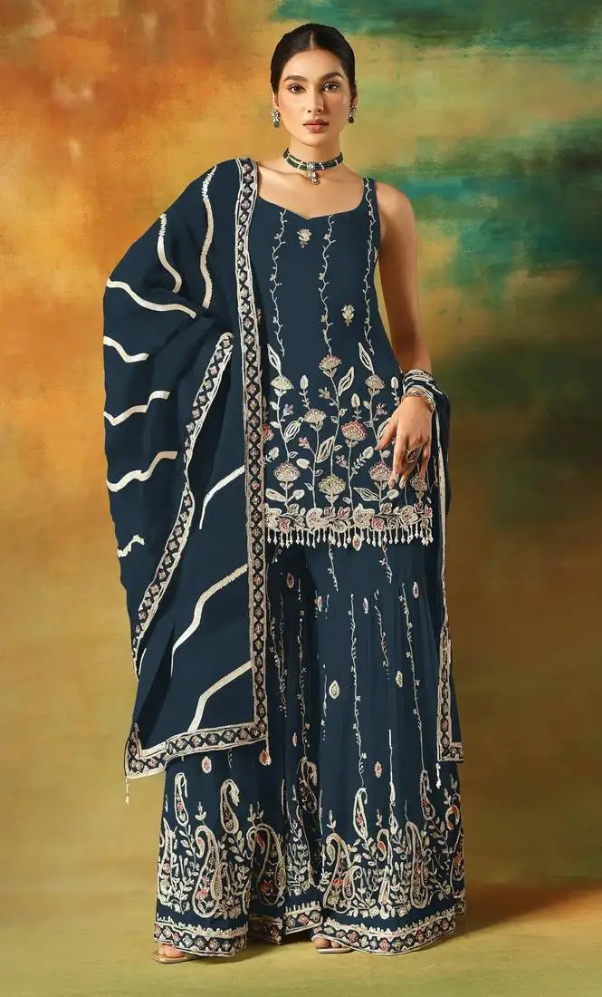 Navy blue embroidered georgette semi-stitched palazzo style salwar suit semi stitched