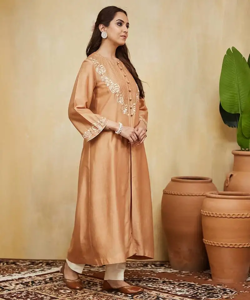 Peach embroidered chanderi jacket kurti with slip