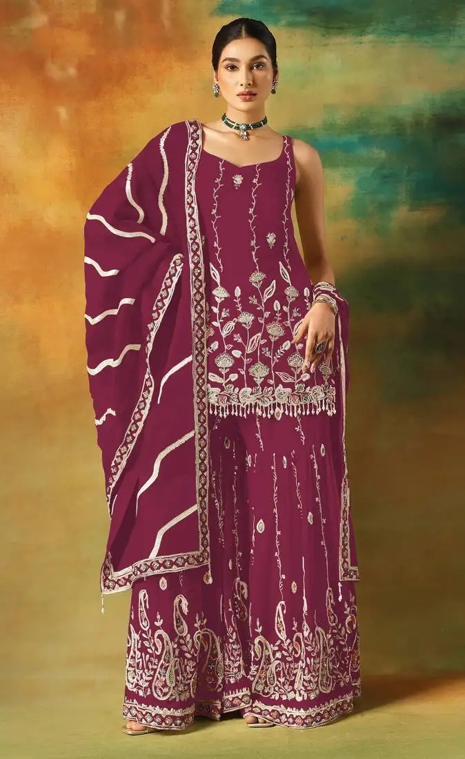 Maroon embroidered georgette semi-stitched palazzo style salwar suit semi stitched