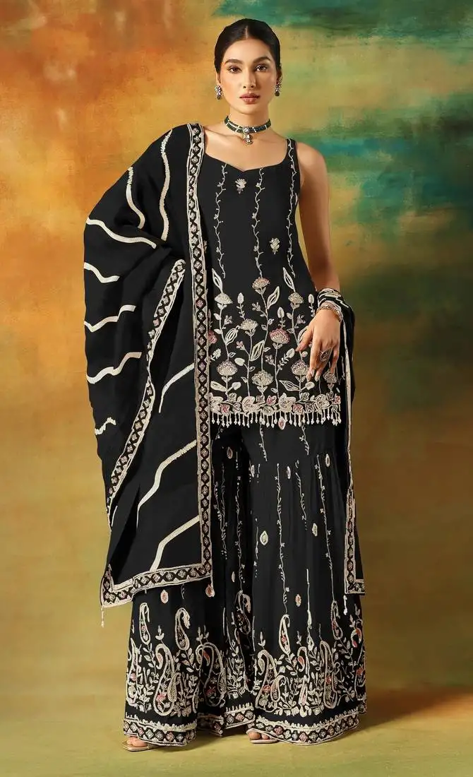 Black embroidered georgette semi-stitched palazzo style salwar suit semi stitched