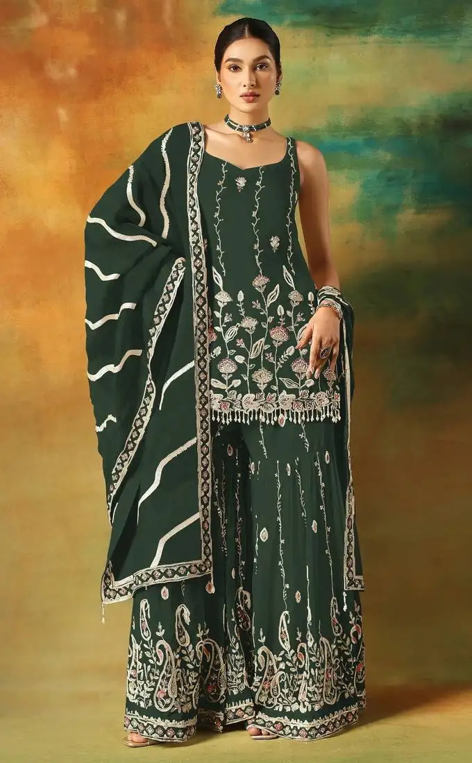 Green embroidered georgette semi-stitched palazzo style salwar suit semi stitched