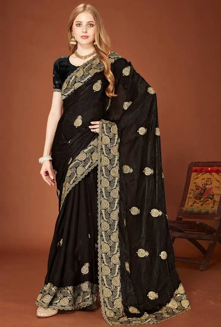 Black sequin embroidered border fendy two tone silk saree sari