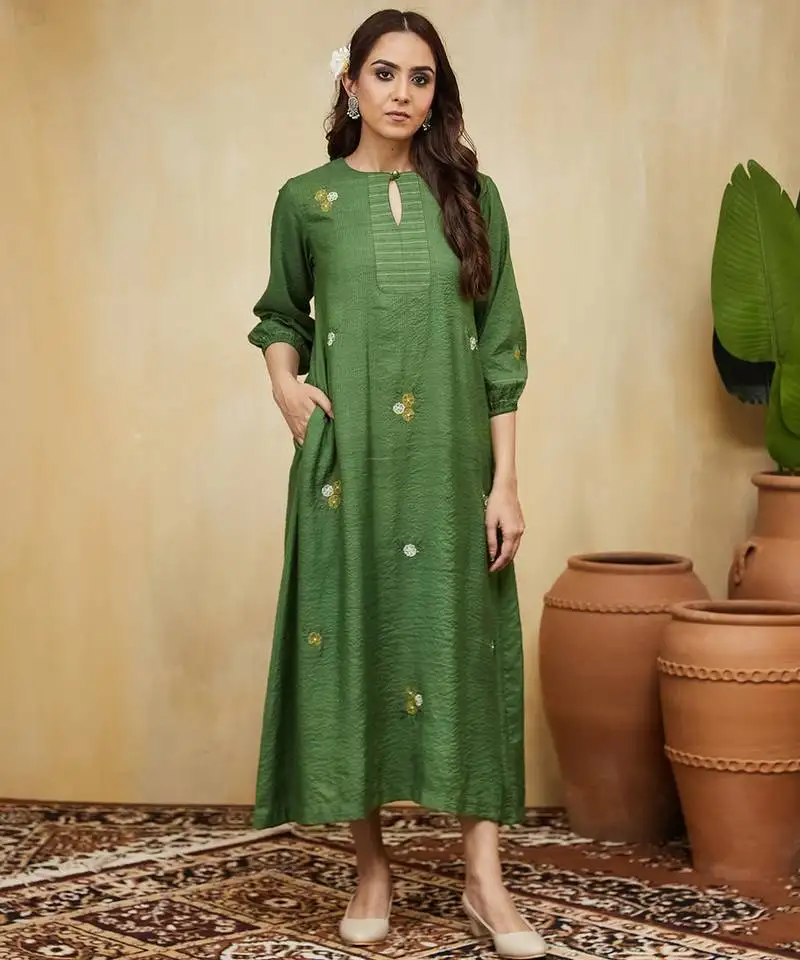 Green floral embroidered cotton kurti dress