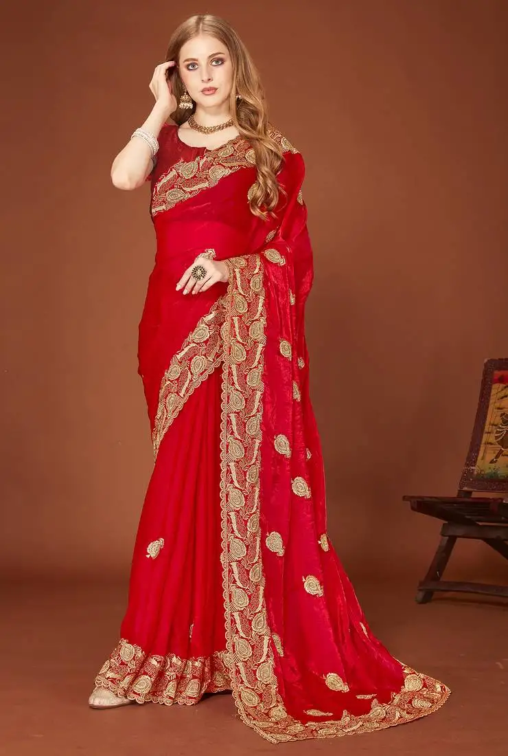 Red sequin embroidered border fendy two tone silk saree sari