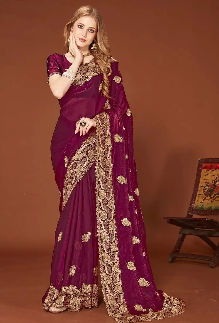 Wine sequin embroidered border fendy two tone silk saree sari