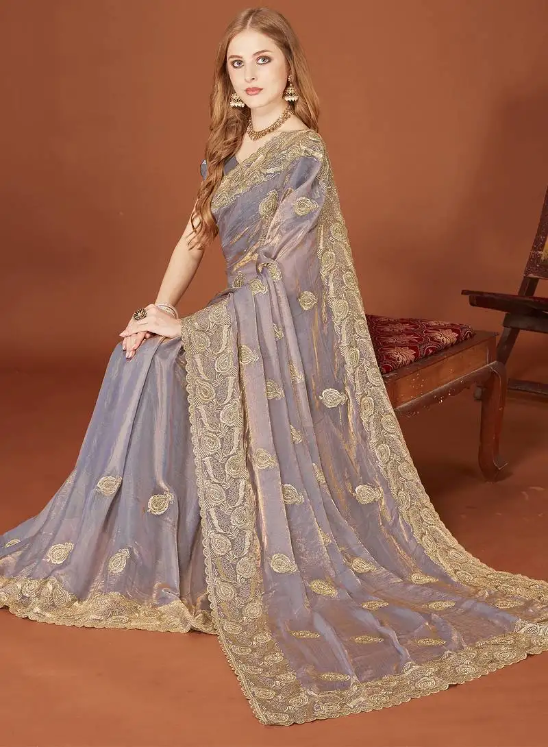 Grey sequin embroidered border fendy two tone silk saree sari